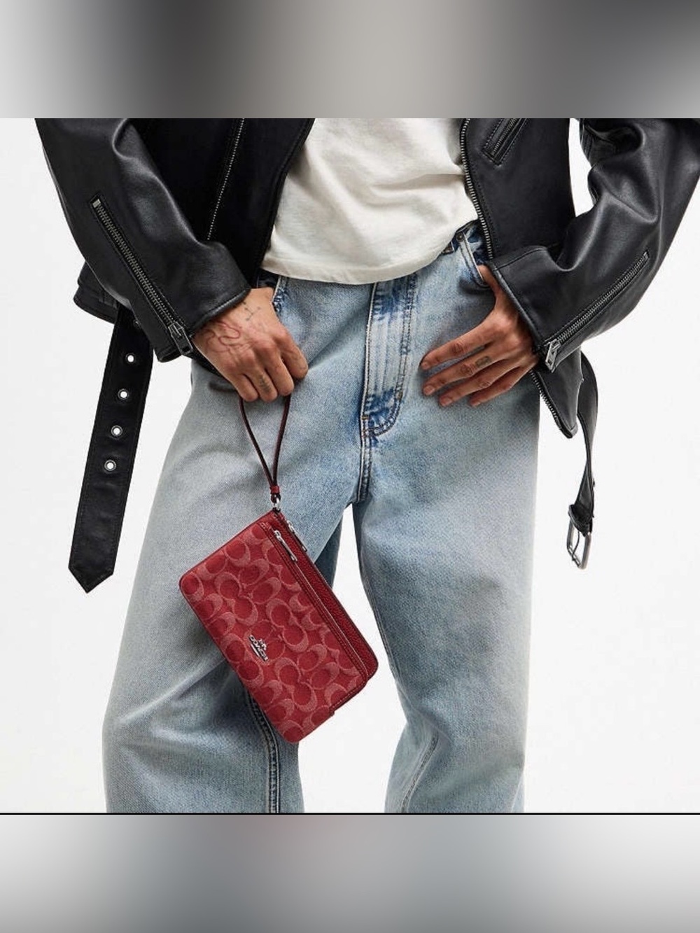 COACH Red Denim Double Zip Wristlet CDN22